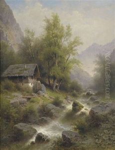 Verlassene Waldmuhle Mit Wasserfall by Albert Rieger
