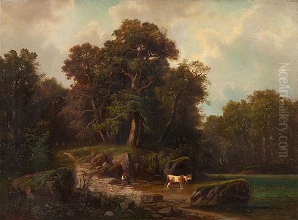 Teichlandschaft Mit Bauerin Und Kuh - view 1