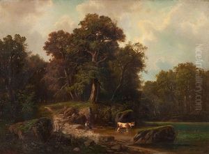 Teichlandschaft Mit Bauerin Und Kuh by Albert Rieger