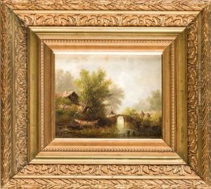 Landschaft Mit Anglern An Einem Bach Mit Brucke U. Hutte Landschaft Mit Anglern An Einem Bach Mit Brucke U. Hutte