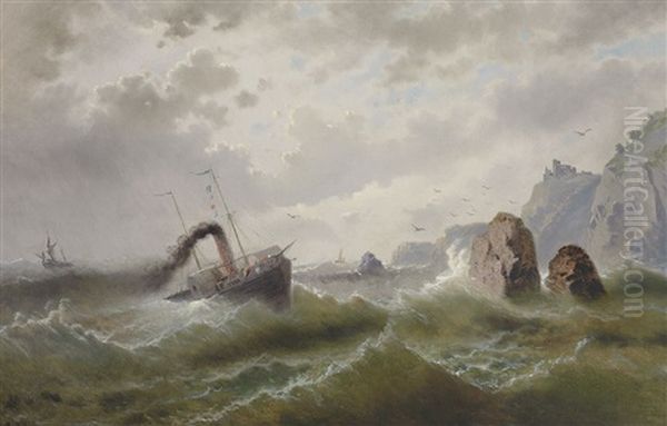 Sturmische Marine Mit Raddampfer, Segelschiffen, Aufragendem Fels Und Ruine - view 1