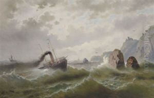 Sturmische Marine Mit Raddampfer, Segelschiffen, Aufragendem Fels Und Ruine
