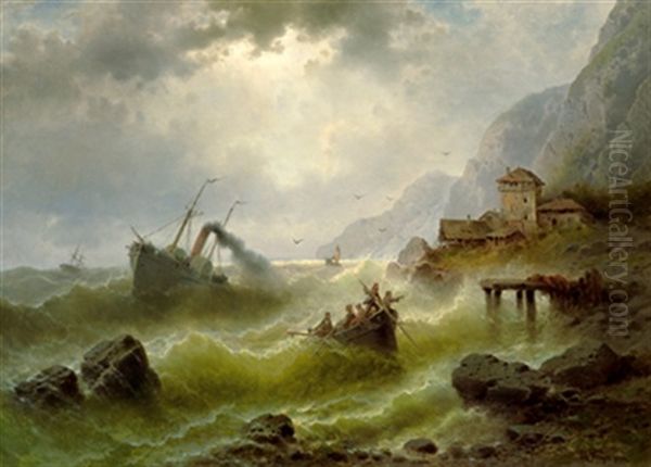 Raddampfer In Sturmischer See Vor Einer Kustenlandschaft - view 1