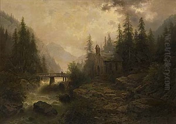 Landskap Med Kyrka Och Brusande Fors - view 1