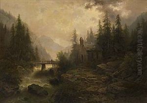 Landskap Med Kyrka Och Brusande Fors by Albert Rieger
