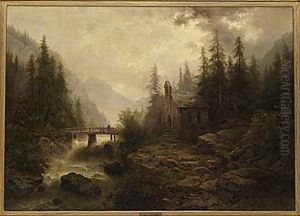Landskap Med Kyrka Och Brusande Fors