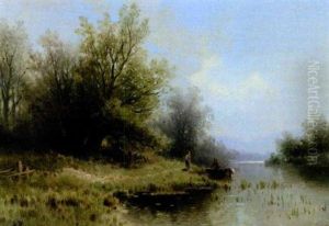 Bewaldetes Flusufer Mit Fischer Und Seinem Madchen by Albert Rieger