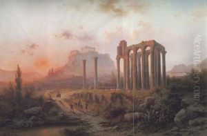 Ruinen Von Athen, Blick Auf Die Akropolis, Im Vordergrund Die Tempelruinen Des Olympischen Zeus by Albert Rieger
