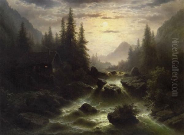 A Moonlit Mountainous Landscape With A Stream Cascading By A Wooded Cabin - view 1
