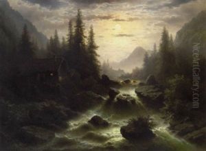 A Moonlit Mountainous Landscape With A Stream Cascading By A Wooded Cabin by Albert Rieger