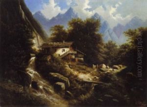 Rotslandschap Met Hoeve En Bergrivier by Albert Rieger