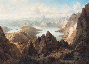 A View Of A Mountainous Landscape With A Lake, Possibly Around Ragusa (sicily), With Various Villages In The Background