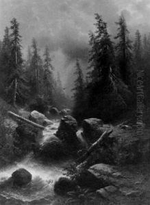 Ein Bergbach In Den Schweizer Alpen. Gewitterstimmung by Albert Rieger
