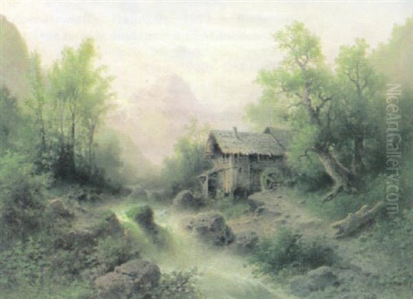 Gebirgslandschaft Mit Wasserfall Und Alter Muhle An Einem Spatsommertag - view 1