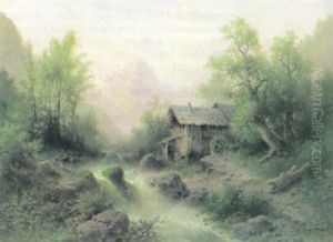 Gebirgslandschaft Mit Wasserfall Und Alter Muhle An Einem Spatsommertag