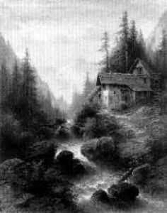 Hutte Unter Tannen An Einem Gebirgsbach