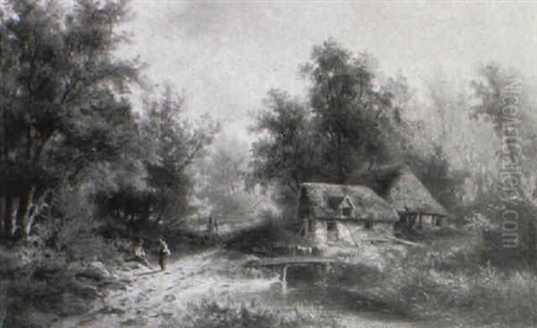 Waldlandschaft Mit Strohgedeckten Katen Und Personen - view 1