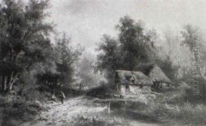 Waldlandschaft Mit Strohgedeckten Katen Und Personen Waldlandschaft Mit Strohgedeckten Katen Und Personen