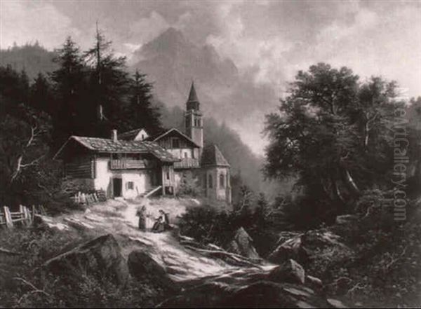 Alpine Landscape With Faggot Gatherers Resting, A Chalet And Church Beyond - view 1