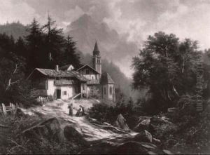Alpine Landscape With Faggot Gatherers Resting, A Chalet And Church Beyond by Albert Rieger