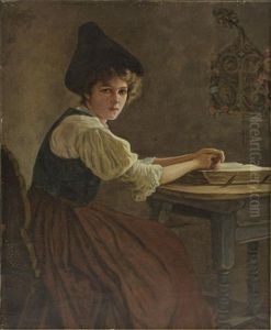Sonntagsstille. Madchen In Tracht An Einem Tisch Mit Bibel by August Rieper