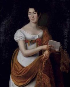 Portrait De Femme A La Robe Blanche Et A L'etole Orange