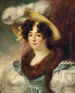 Portrait Of A Lady, Half-length, In A Fur-trimmed Blue And White Dress With A Plummed Hat, Before A Red Curtain