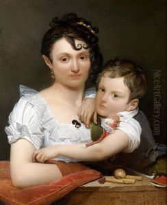 Portrait D'une Jeune Mere Et De Son Fils Avec Des Jouets, Accoudes A Un Bord De Fenetre