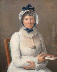 Portrait De Femme En Robe Blanche Et Coiffe Bleue A Double Noeuds, Une Rose A Son Corsage, Tenant Un Livre Dans Sa Main Gauche by Henri Francois Riesener