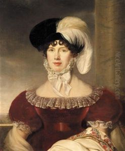 Portrait Of A Lady, Half-length, Wearing A Red Velvet Dress And A Black Hat With A White Plume