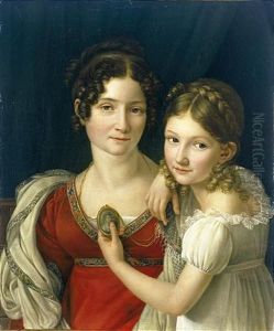 Portrait Of A Mothe, And Her Daughter Holding A Portrait Miniature In Her Left Hand