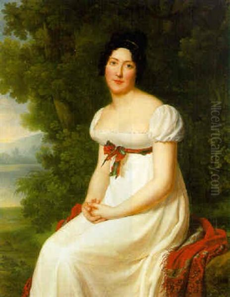 Portrait Of A Lady, Seated Before A Landscape, Wearing A White Dress - view 1