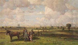 Blick Von Einer Anhohe Auf Weites Panorama Einer Hansestadt (?). Am Vorderen Bildrand Pferdegespann Mit Ausfluglern