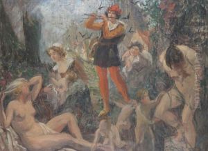 Troubadour Jouant De La Flute Devant Une Mere A L'enfant Et Des Nus by Willy Van Riet