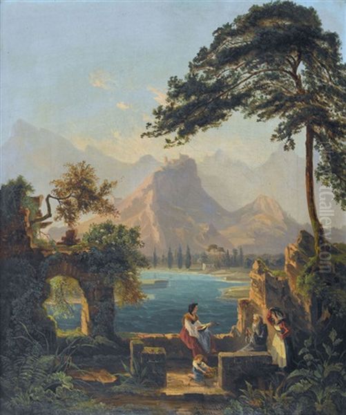 Felsige Flusslandschaft Mit Ruinen Und Staffage - view 1