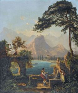 Felsige Flusslandschaft Mit Ruinen Und Staffage