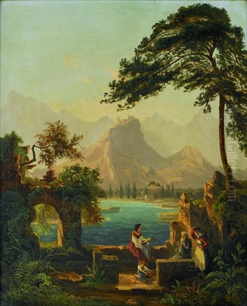 Personen Am Fluss Mit Schloss Und Bergen - view 1