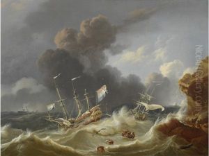 A Dutch Man O'war Foundering In Stormy Seas by Hendrik Rietschoof