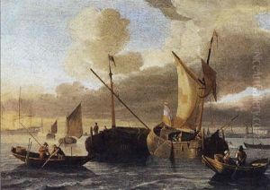Schepen Op Rustige Zee Nabij De Kust by Hendrik Rietschoof