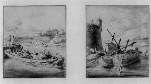 Zwei Flusslandschaften Mit Booten Zwei Flusslandschaften Mit Booten