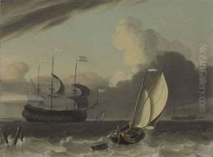 A Dutch Merchantman And A Sprit Sail Barge In A Breeze by Jan Claesz Rietschoof