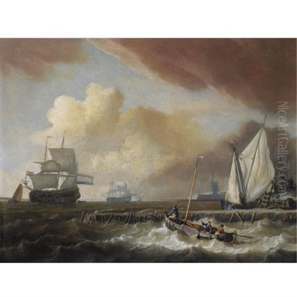 A Smalship With Fishermen In A Choppy Sea, Shipping At Anchor Along A Quayside And Other Ships In The Distance, A Town With A Windmill In The Distance - view 1