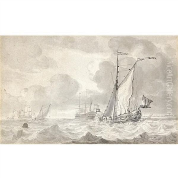 A Single Masted Vessel In A Choppy Sea, With Other Ships In The Distance, And A Town On The Horizon To The Right - view 1