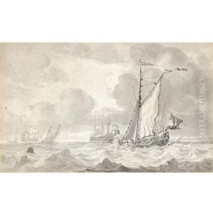 A Single Masted Vessel In A Choppy Sea, With Other Ships In The Distance, And A Town On The Horizon To The Right by Jan Claesz Rietschoof