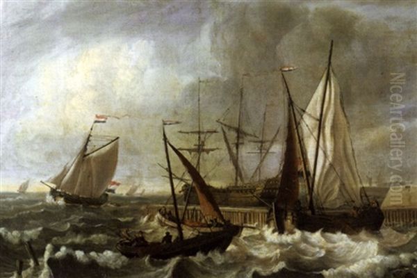 A Wijdschip, A Yacht, And A Man Of War Off A Jetty - view 1