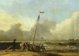 A Beach Scene With Sailors Bringing In Their Boat, Larger Ships In Choppy Water Beyond by Jan Claesz Rietschoof