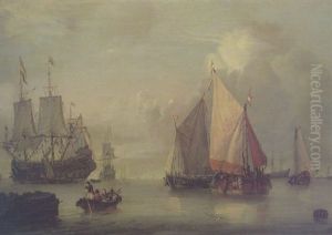 Dutch Men-o-war In An Estuary In A Calm, With A Smalschip And Figures In A Fishing Boat by Jan Claesz Rietschoof