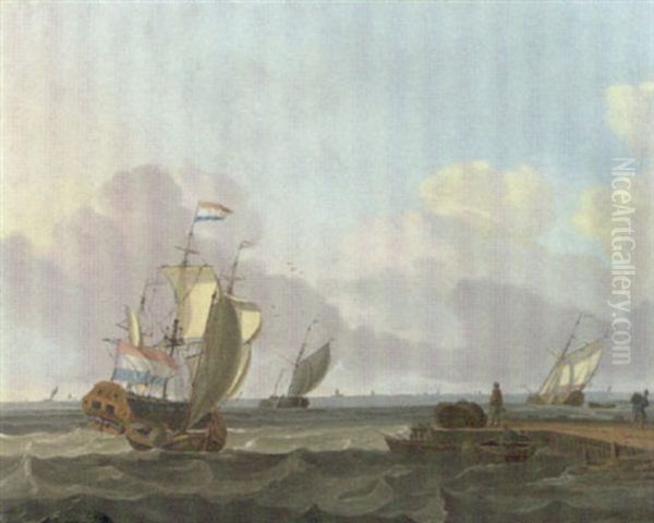 Dutch Shipping In A Choppy Sea Off A Jetty - view 1
