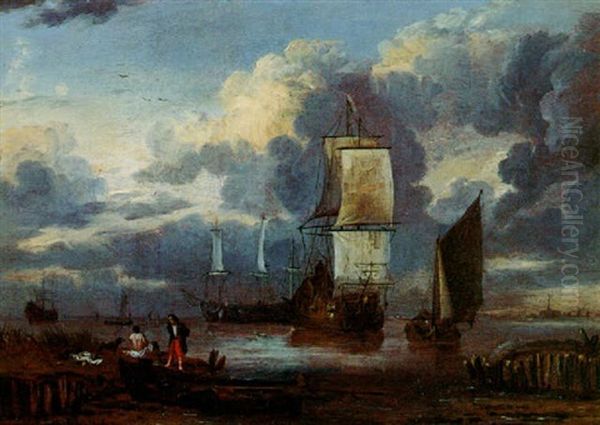 Threemasters At Anchor In An Estuary With Bathers At Sunset - view 1