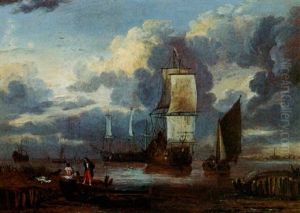 Threemasters At Anchor In An Estuary With Bathers At Sunset by Jan Claesz Rietschoof